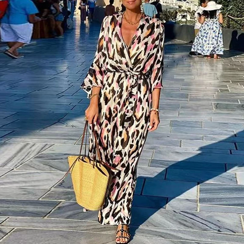 

Женское пляжное платье макси на шнуровке, летнее элегантное уличное платье с леопардовым принтом и V-образным вырезом, повседневное модное свободное платье Бохо с рукавом 3/4