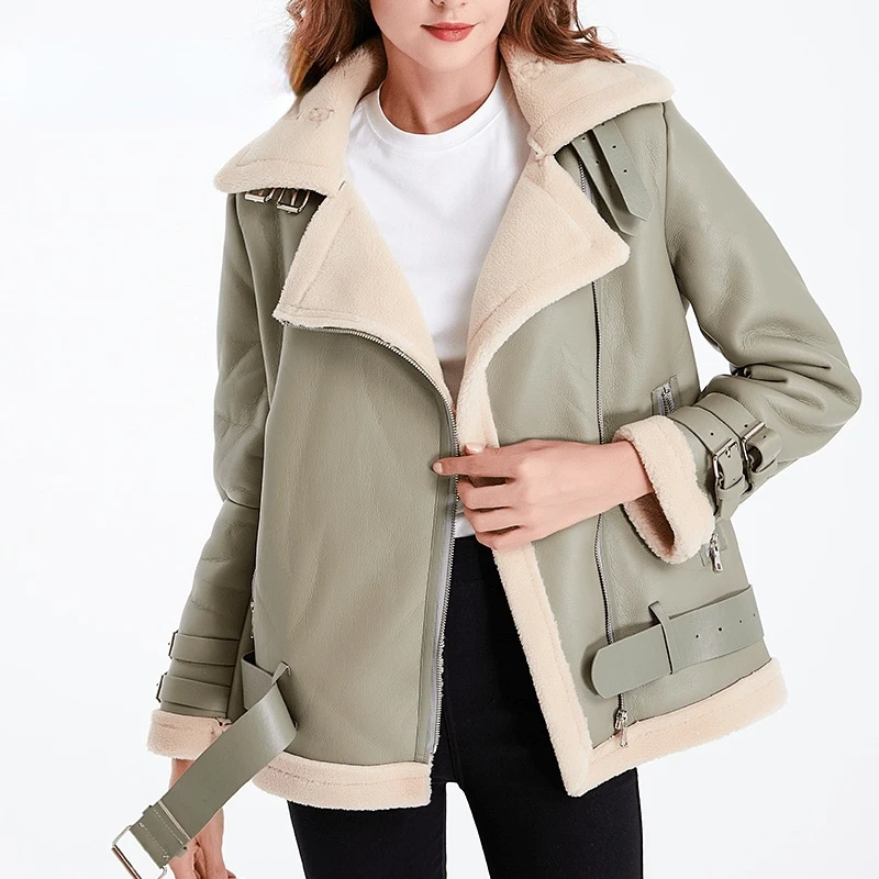 

Fleece Lined Winter Jacket Female Autumn Winter Thick Black Thickening Fur Lamb Lapel Fur Integrated Motorcycle Pu Leather
