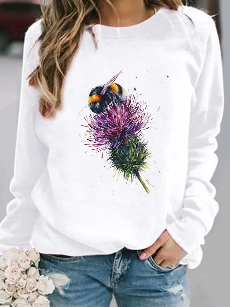 

Women Long Sleeve Bee Flower 90s Pullovers Clothing Ladies Spring Autumn Winter Hoodies Female Casual Graphic Sweatshirts