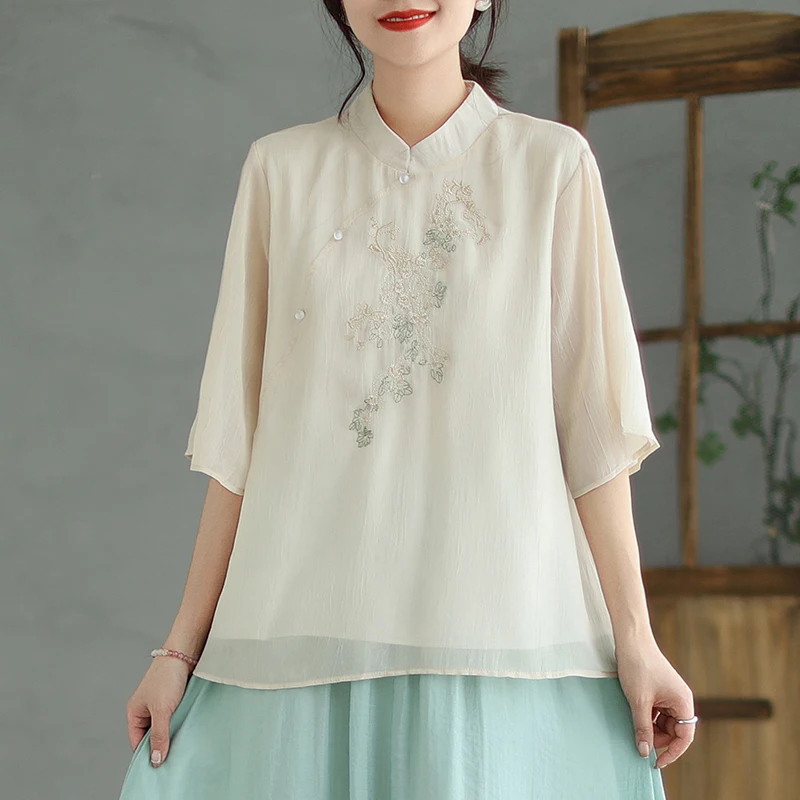 

Chiffon Chinese Style Blouses Embroidery Women's Shirt New Clothing Loose Spring/Summer 2023 O-neck FASHION Tops YCMYUNYAN