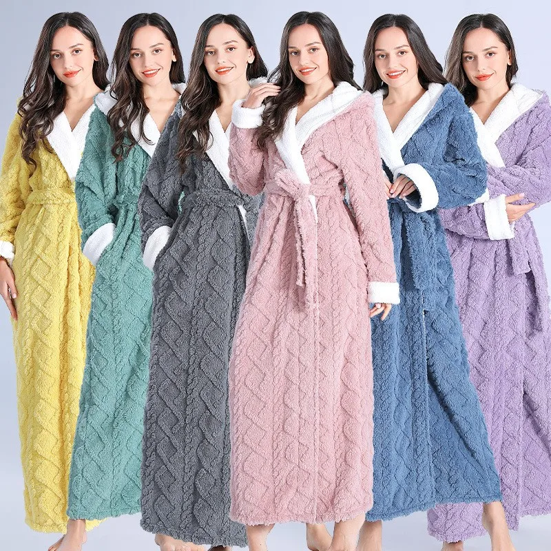 

Women Bathrobes Flannel Jacquard Flannel Pyjamas Thick Pyjamas Hooded Solid Robes for Women
