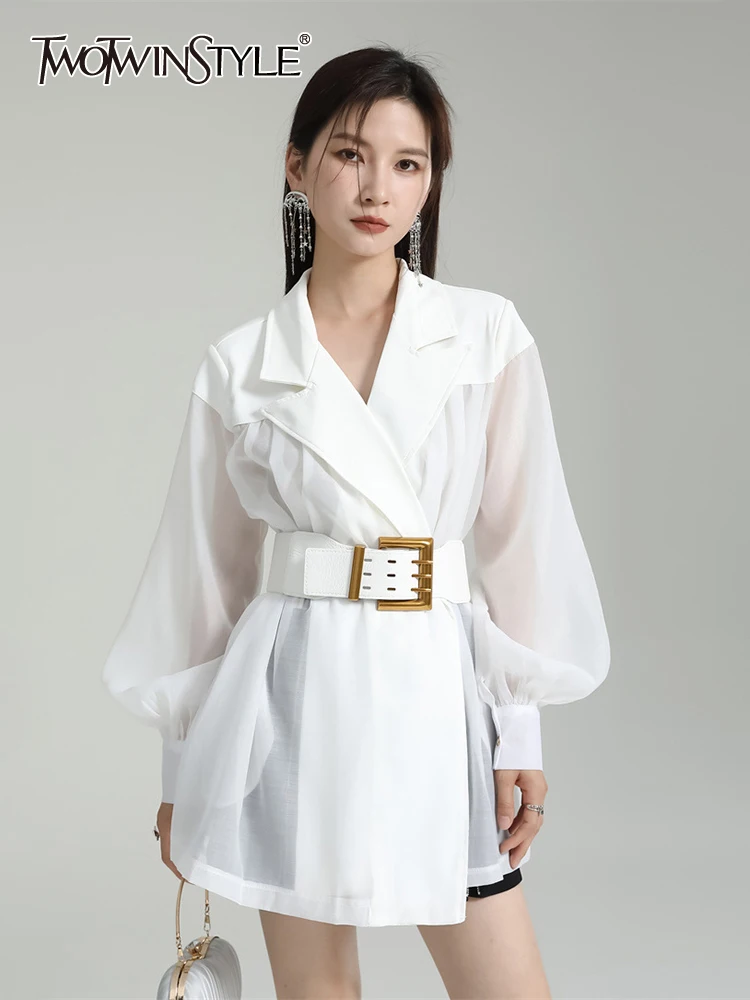 

TWOTWINSTYLE Solid Spliced Belt Shirts For Women Lapel Lantern Sleeve High Waist Fold Blouse Summer Female Fashion Clothing 2023