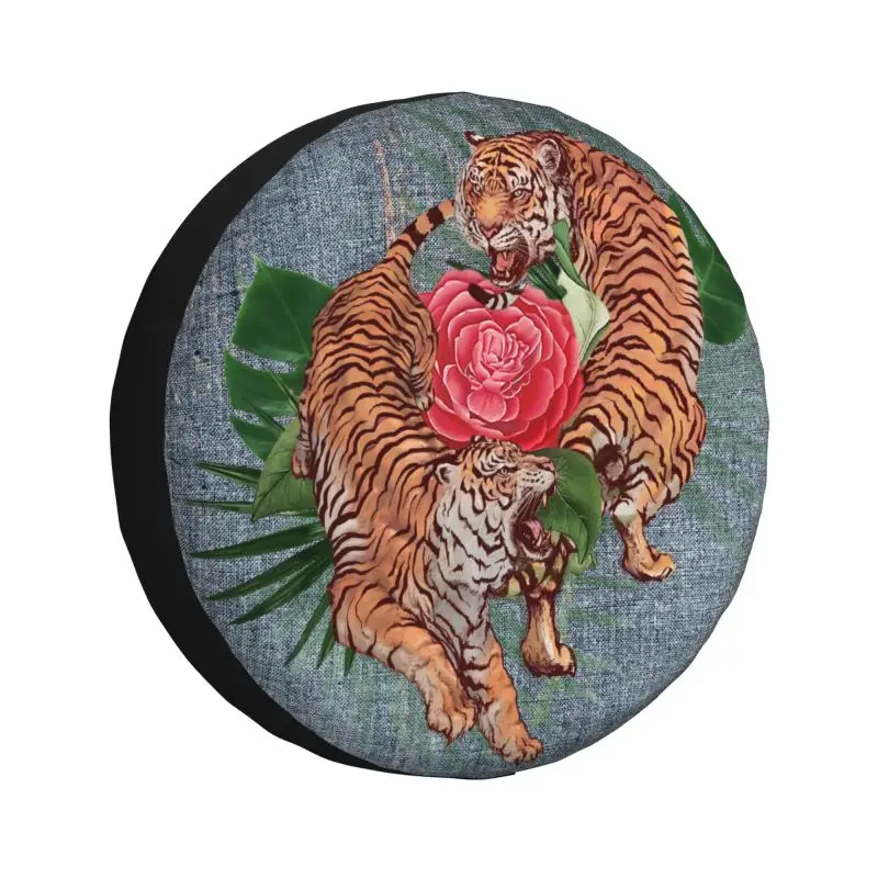 

Tiger Exotic Denim Spare Wheel Cover for Jeep Mitsubishi Pajero 4x4 Trailer Custom Tropical Jungle Flower Animal Tire Protector