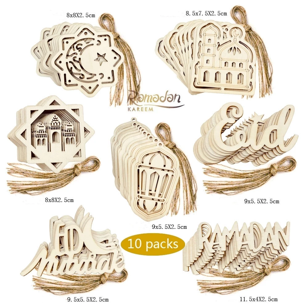 

10Pcs Eid Mubarak Wooden Hanging Pendant Ramadan Decoration Ramadan Kareem Gifts Islam Muslim Diy Home Decor Party Supplies