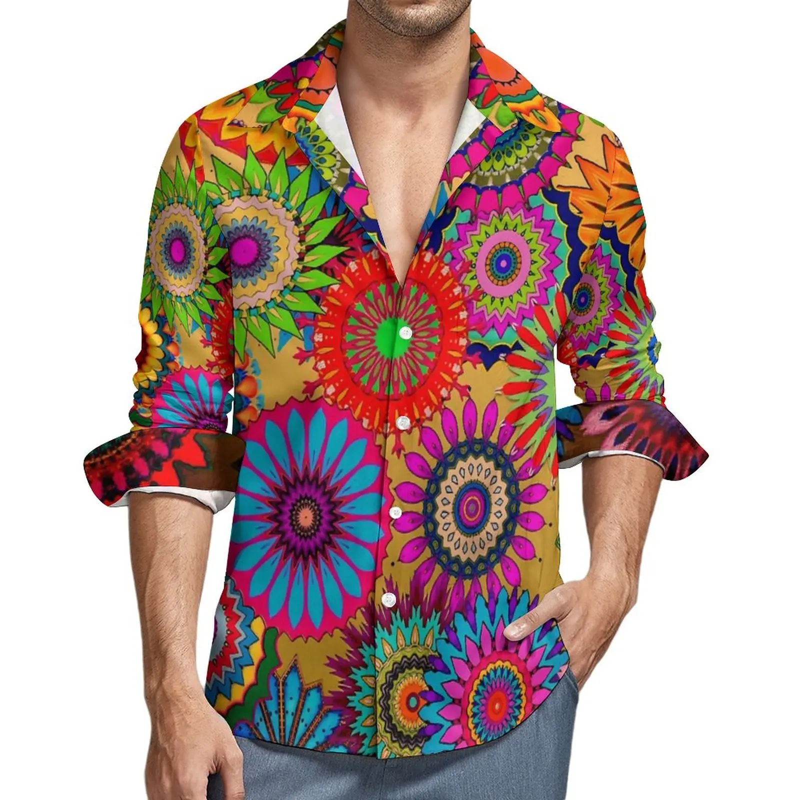 

Colorful Bohemian Style Shirt Abstract Floral Casual Shirts Long Sleeve Design Aesthetic Blouses Autumn Vintage Oversize Tops