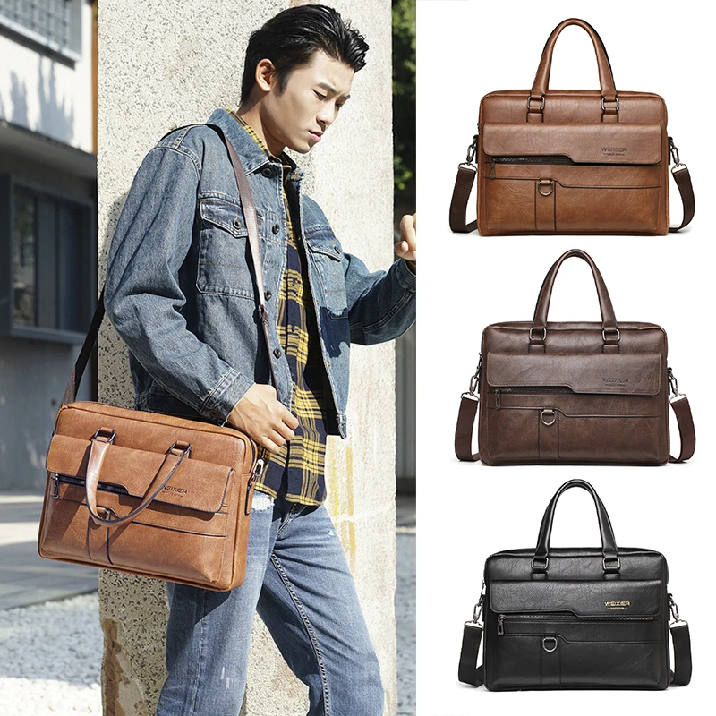 Men'S Briefcase Laptop Bag PU Leather Vintage Handbags Shoulder Business Tote Messenger Breifcases Wallets Crossbody Bag Male
