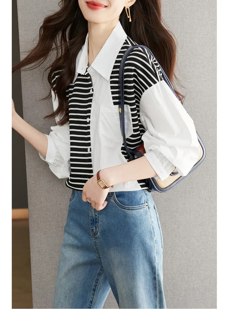 Женская Асимметричная рубашка в полоску черно-белая блузка составного кроя с