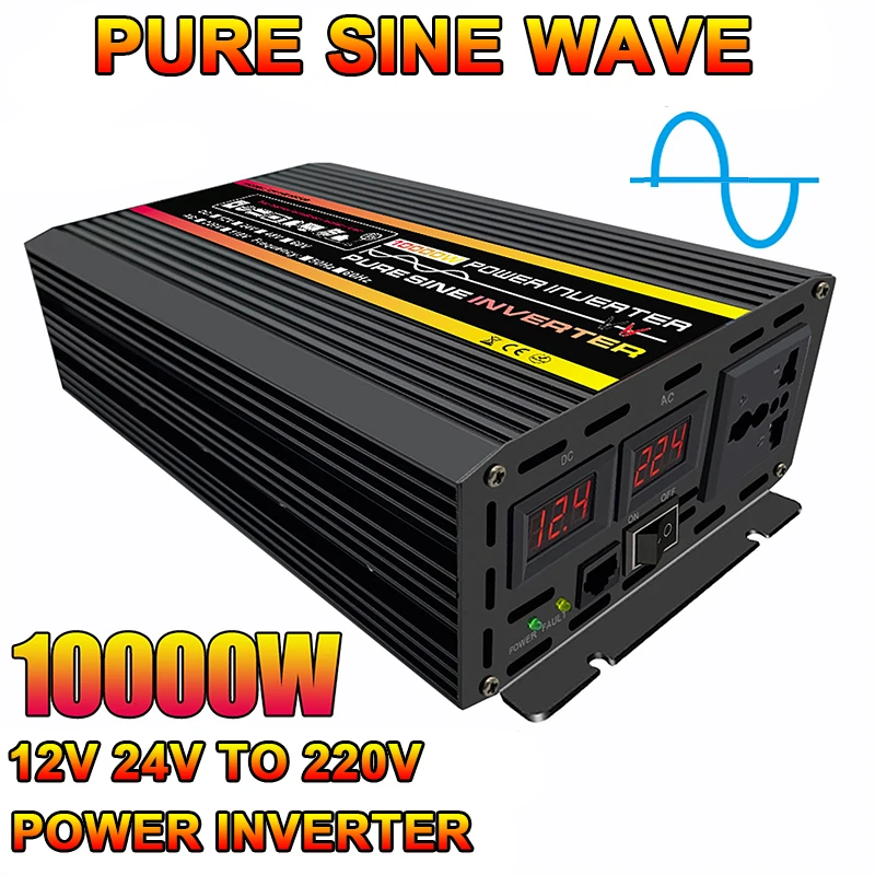 Inversor de onda sinusoidal pura de 10000W, cc 12V 24V a CA 220V, inversor de gran potencia para sistema de generador Solar, hogar, exterior, RV, Coche
