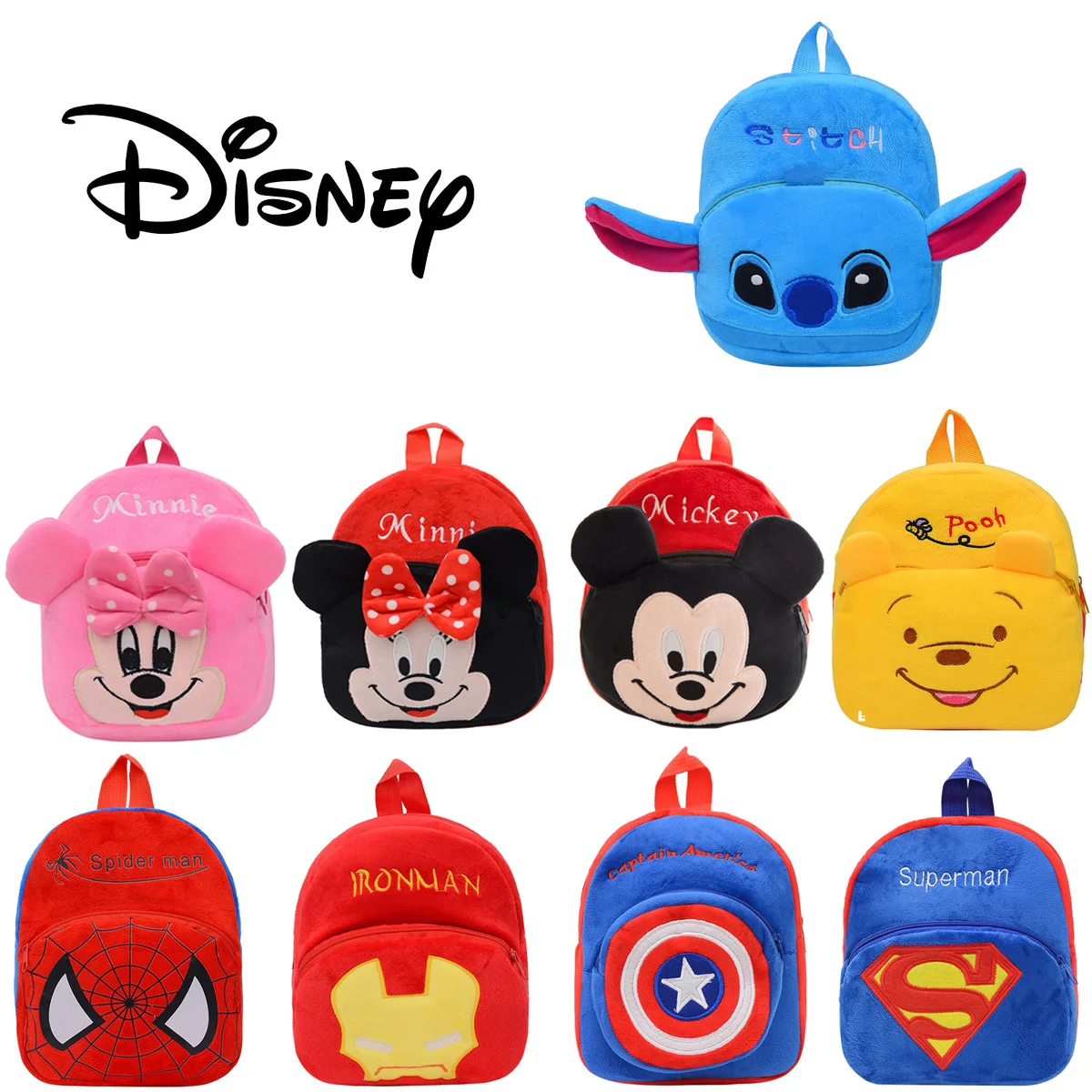 

17 Different Disney Anime Children Plush Backpack Marvel Mickey Mouse Spiderman Iron Man Stitch Cartoon Kindergarten Schoolbag