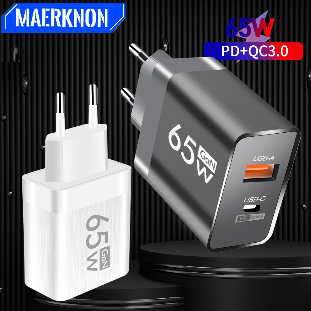 

65W GaN Fast Charger Dual Ports USB Type C Charger PD QC 3.0 Quick Charging for iPhone Samsung Xiaomi Huawei Mobile Phone Charge