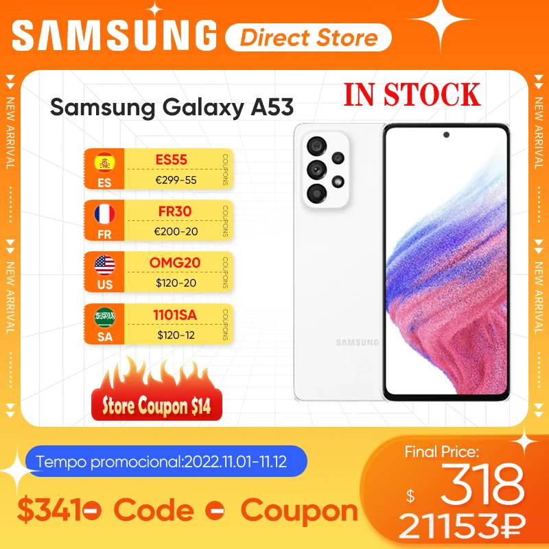 Tanie Oryginalny Samsung Galaxy A53 5G Smartphone Exynos 1280 6.5 ''120Hz Super AMOLED Telefon Komórkowy 5000mAh 64MP Quad Aparat Telefon Komórkowy