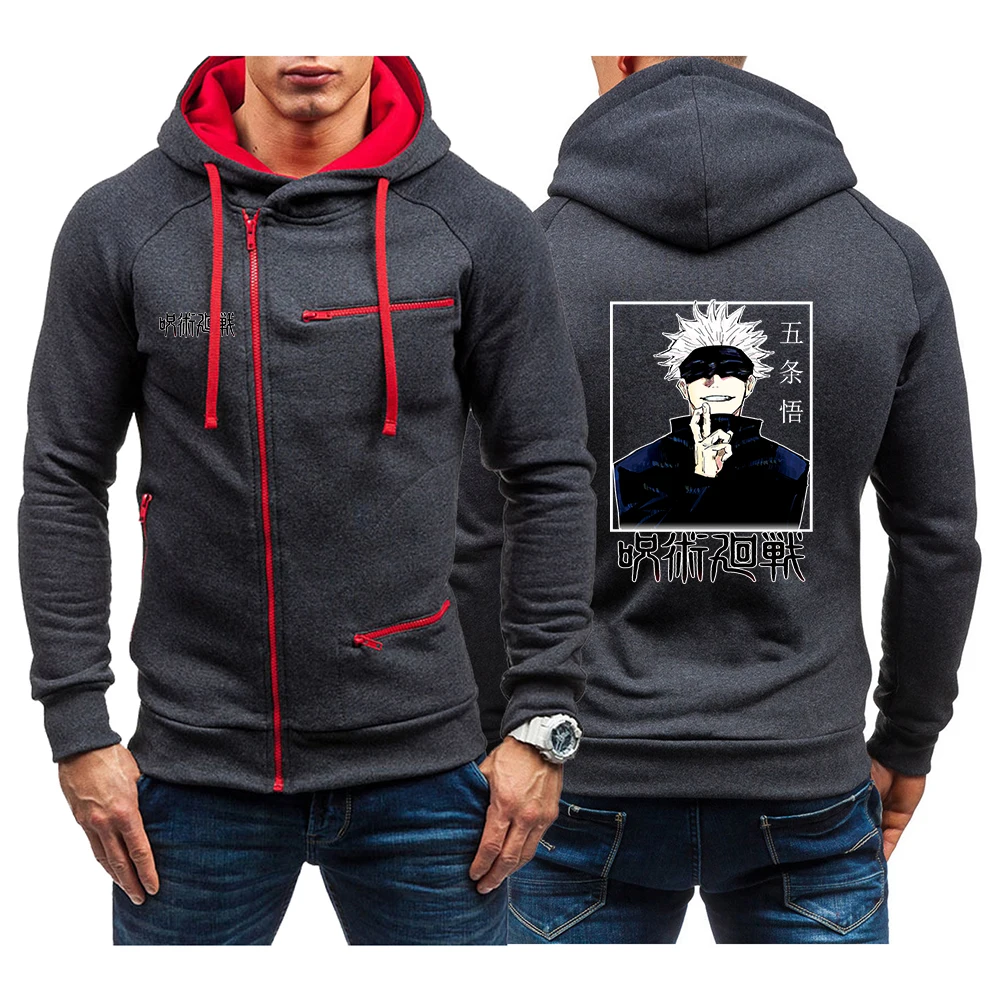 

Jujutsu Kaisen Men's Solid Color Diagonal Zipper Hoodies Gojo Satoru Printing Jacket Style Hooded Sweatshirt Tops