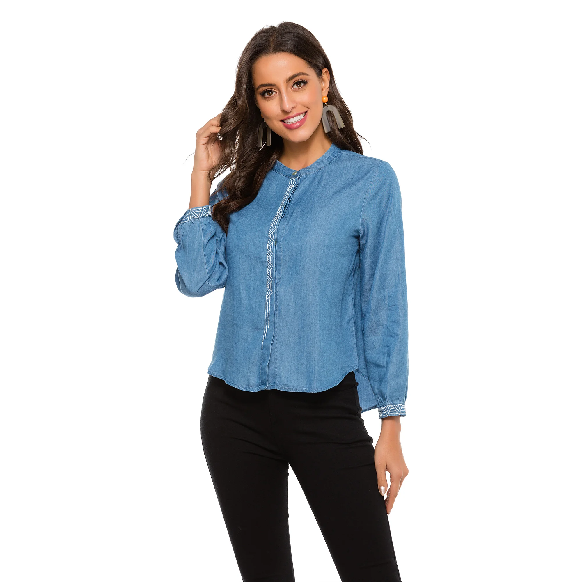 

Eaeovni Women's Summer Boho Embroidered Mexican Shirts long Sleeve Casual Tops Blouse Denim Peasant Blouse