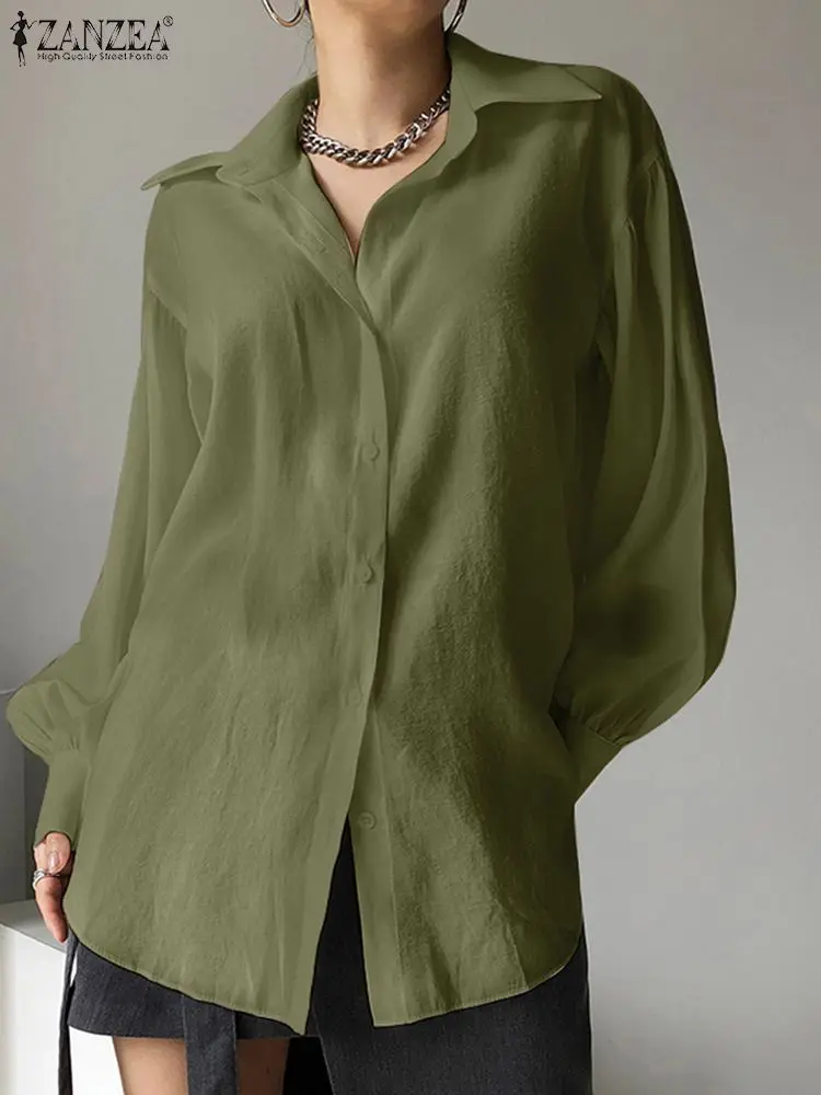 

Стильная женская элегантная блузка ZANZEA с отложным воротником, однотонная офисная рубашка, свободные праздвечерние чные блузы, топы на пуго...