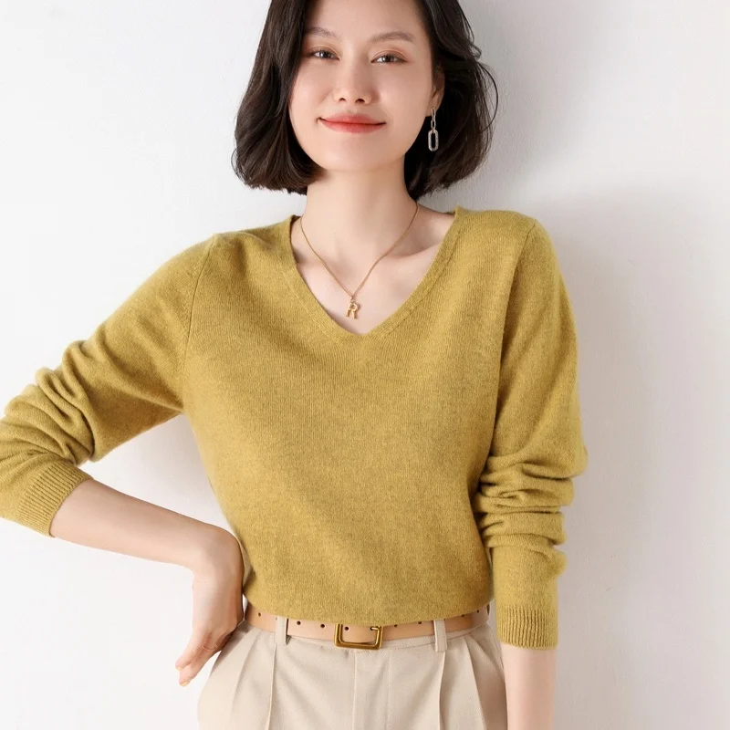 

Off-Season Big Sale Autumn And Winter Women's 100% Pure Wool V-Neck Loose Pullover Sweater Basic Style All-Match Knitted Sweater