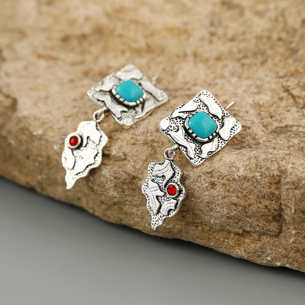 

Bohemian Unique Collection Western Alloy Earrings Turquoise Stone Beads Vintage Antique Silver Plated Dangle Earrings Gift