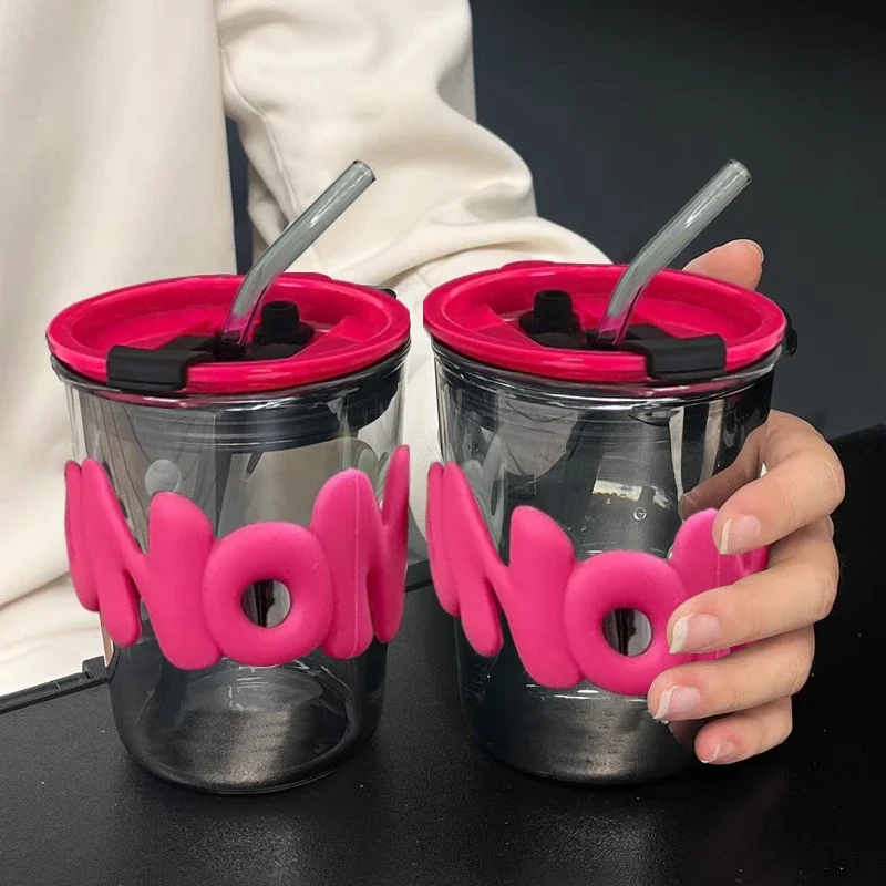 

400ml Glasses With Lid and Straw Travel Glass Water Cup Coffee Cup Simple Ins Style Office Dual Water Outlet Cute Water Bottle