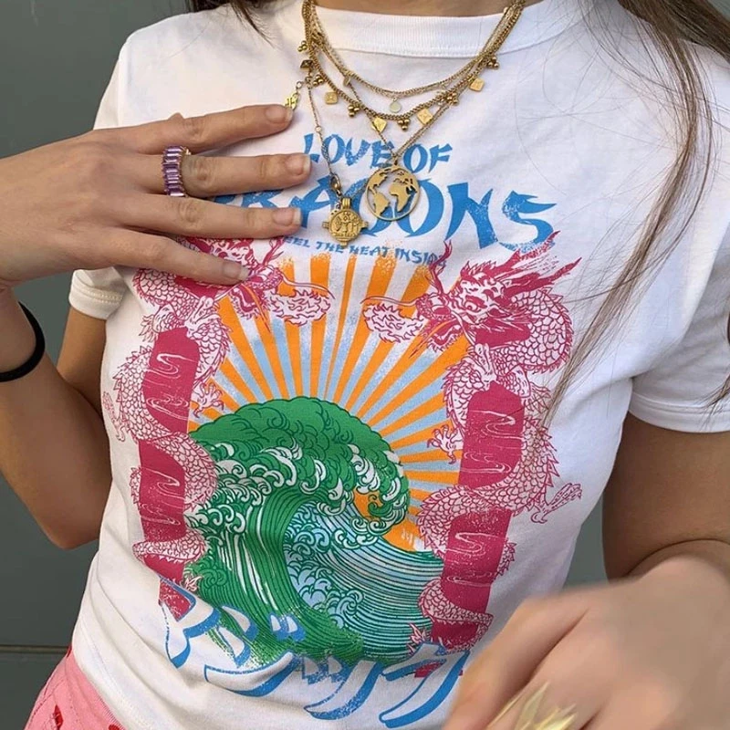 

Japanese pattern print short-sleeved T-shirt female y2k Harajuku E-girl 90s retro aesthetic punk cropped top streetwear Harajuku