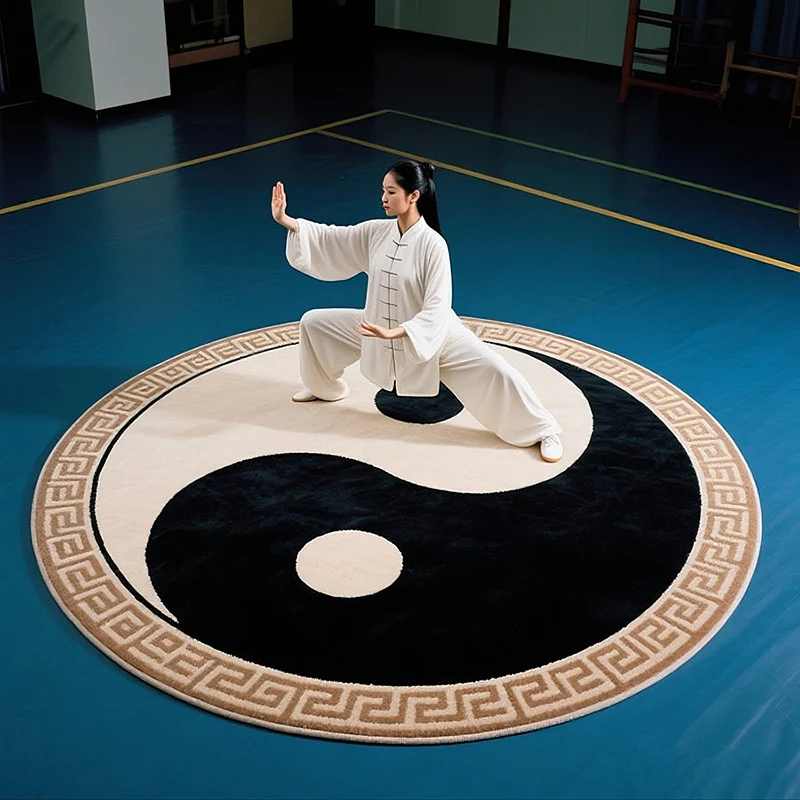 Фото Профессиональный китайский круглый коврик для тай-чи премиум-класса с символом Багуа и кружевной отделкой для йоги, боевых искусств и медитации №1