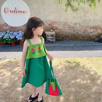 cotton summer sling girls dress with bag children fake two pieces candy color suspender sweet floral vestidos baby kids clothes