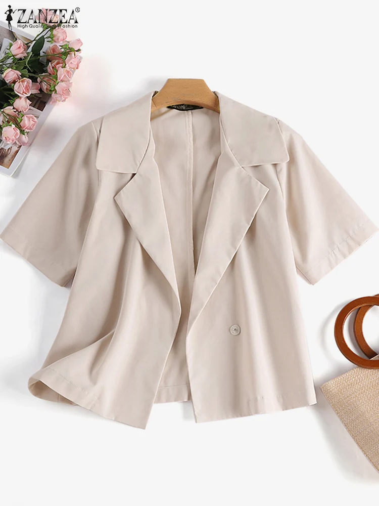 ZANZEA Fashion Blazer Summer Lapel Neck Shirt Woman Solid Color Short Sleeve OL Blouse Femme Casual Streetwear Tops Blusas Mujer
