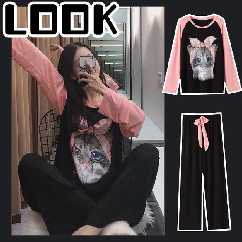 Summer Spring Sleepwear New Cartoon Cotton Pajamas for Women Long Pants Long Sleeved Loungewear Fashion Home Clothing Homewear