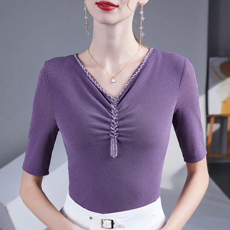 Женская Сетчатая футболка с V-образным вырезом и полурукавом