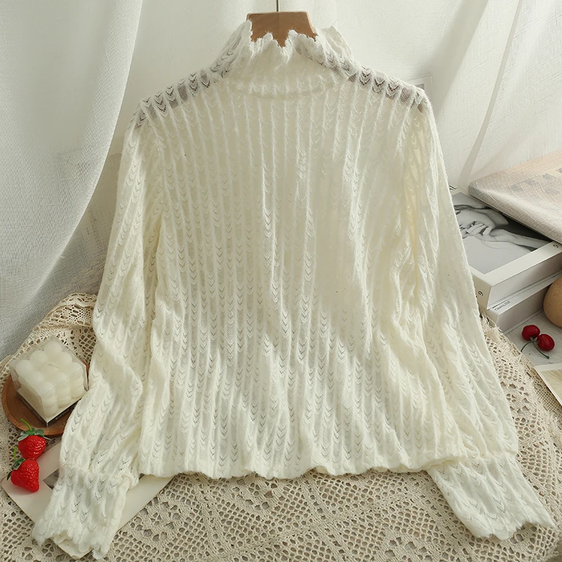 

Женская Просвечивающая блузка с высоким воротником, весна-осень, плиссированная Базовая рубашка в корейском ретро стиле с длинным рукавом, ...