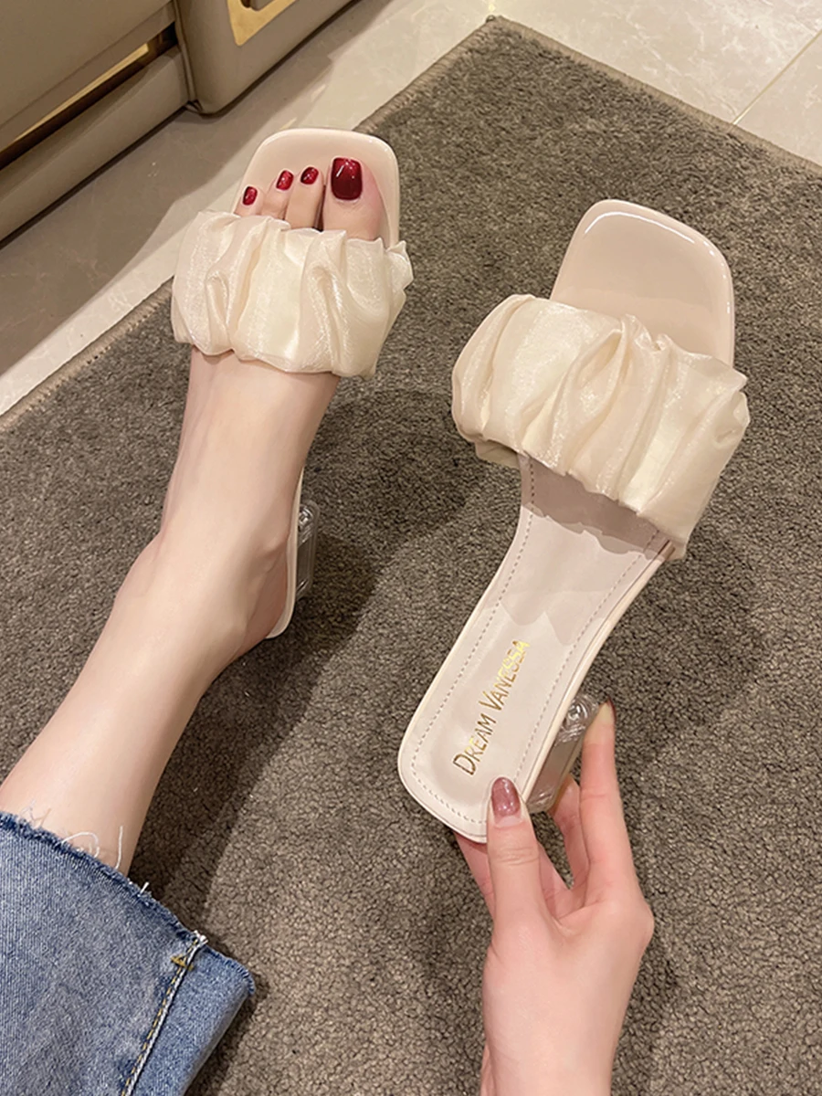 

Female Shoes Glitter Slides Square Toe Slippers Casual Med 2022 Jelly Block Luxury Summer Flat Fashion PU Rome Rubber Hoof