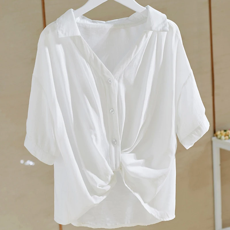 

Casual Solid V-neck Knot Waist White Blouse Summer Loose Button Cotton Shirt Elegant Short Sleeve Office Lady Tops Blusas 19868