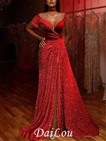 a line sparkle shine high split prom formal evening dress v neck short sleeve court train satin with sequin slit