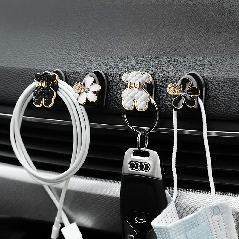 

1PC Bear Flower Car Hooks Wall-mounted Home Decor Blossom Sundries Holder Hooks Multifunction Masks Keys Organizer Hangers