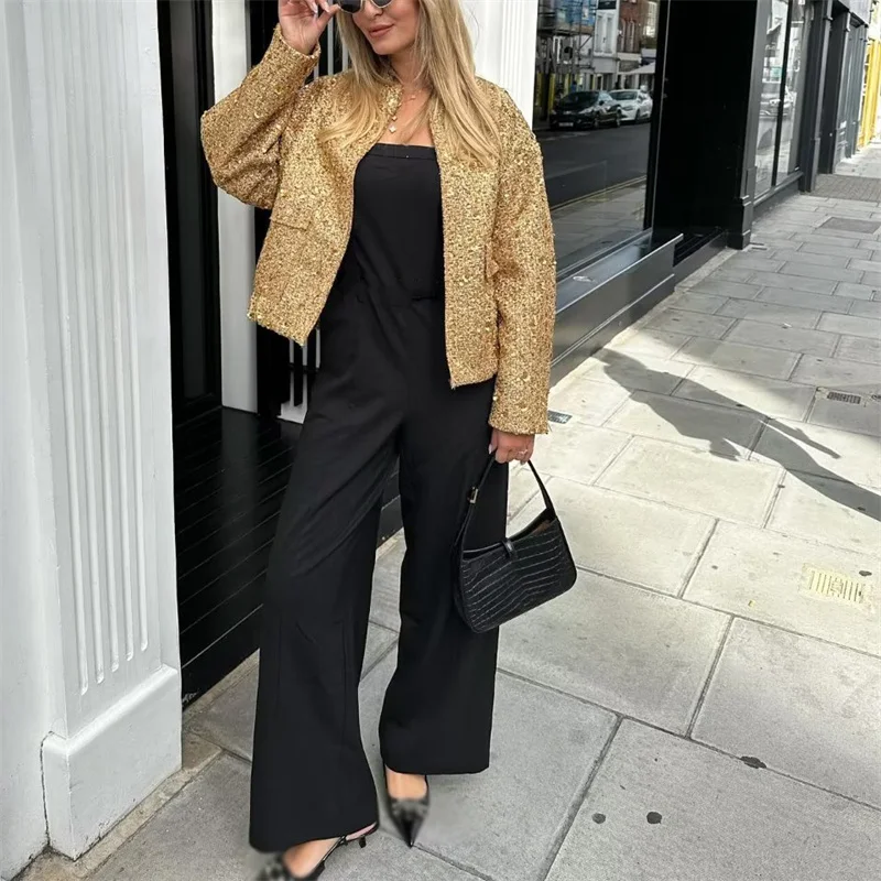 

Женская Повседневная Осенняя Свободная куртка в стиле High Street с золотыми блестками, модель 2023 года, Женская однобортная куртка большого размера