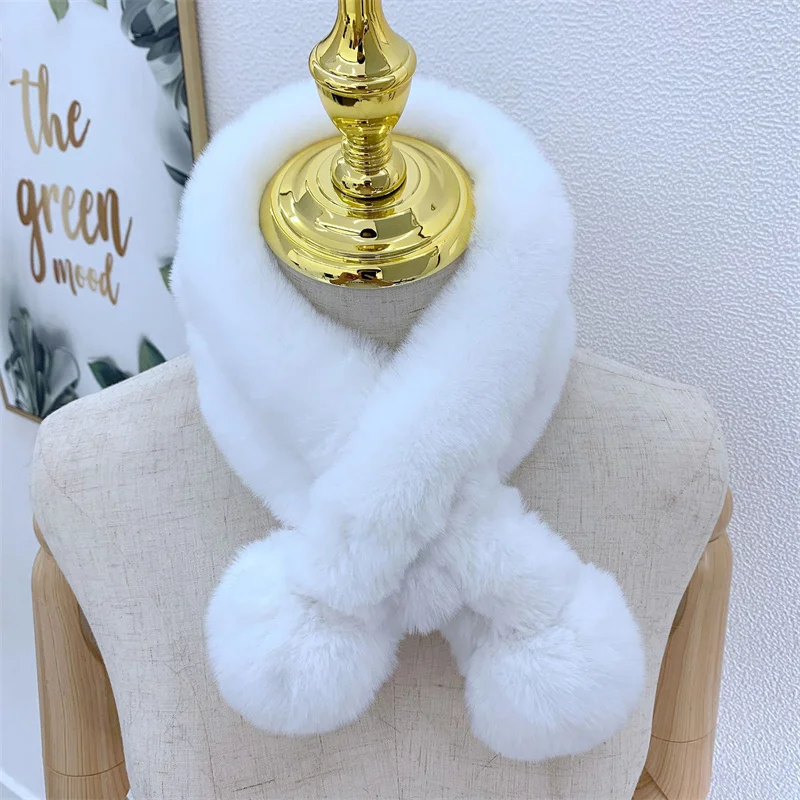 

New Faux Rabbit Fur Scarf Autumn Winter Plush Thickening Warm Solid Color Fur Ball Cross Student Children's High Quality Scarf