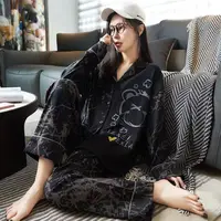 Turn Down Collar Black  Pajamas Elegant Women Autumn Long Sleeve Suit French Leisure Home Wear Pajamas Cotton  Fashion Sets