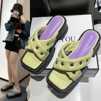 2022 muller sandals womens flower rivet wedge slippers ladies outdoor thick sole color flat slippers summer shoes fashion shoes