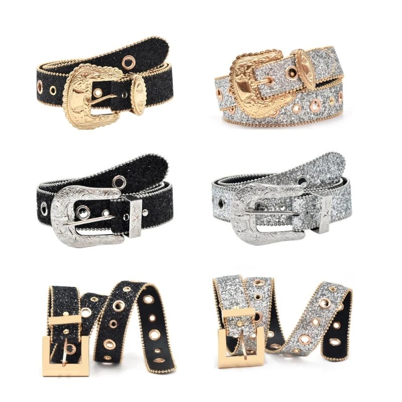 

Western Shinning Buckle Belt Full Sequins Adjustable Buckle Belt for Skirt Jeans D5QB