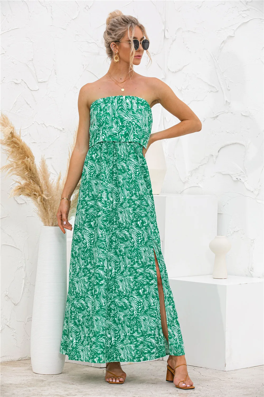 

Summer Floral Print Sleeveless Off Shoulder Maxi Dress For Woman Robe Sexy Side Split Chic Long Dresses Backless Beach Sundress