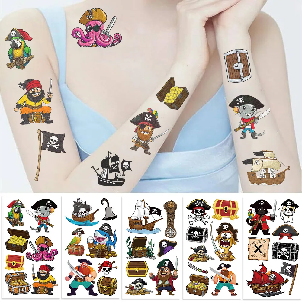 10Pcs Cartoon Pirate Treasure Gold Temporary Tattoos Sticker Skeleton For Girls Boys Birthday Party Supplies