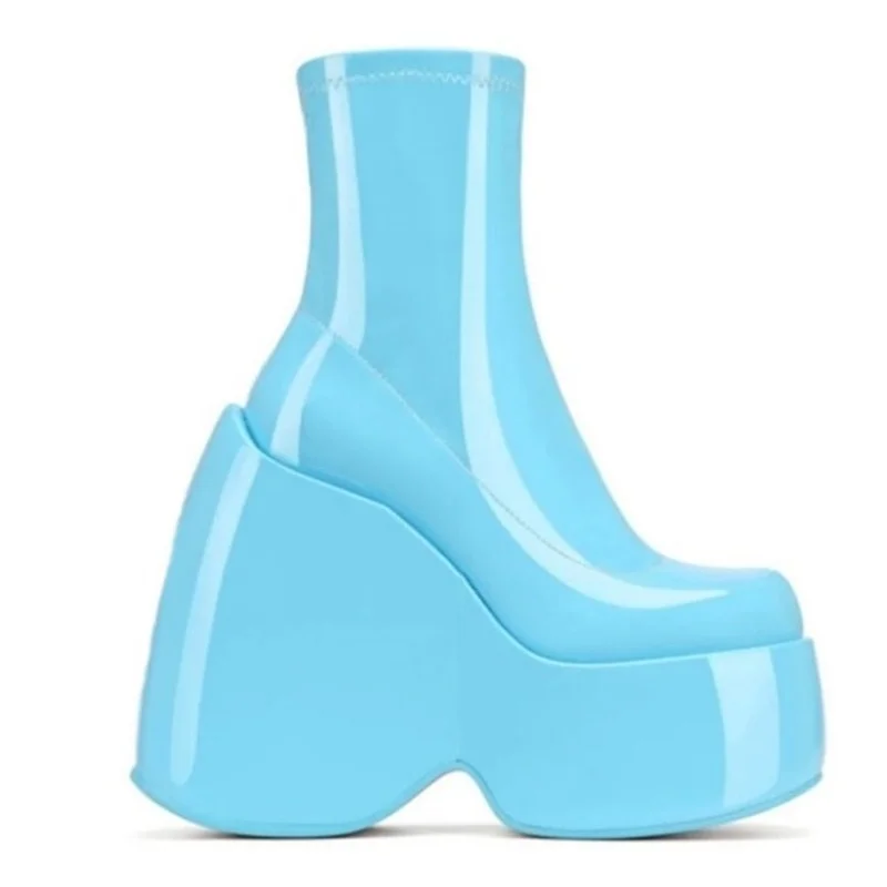 

2022 women's new European and American fashion lacquer leather platform high-heeled ankle boots personalized elastic shoes