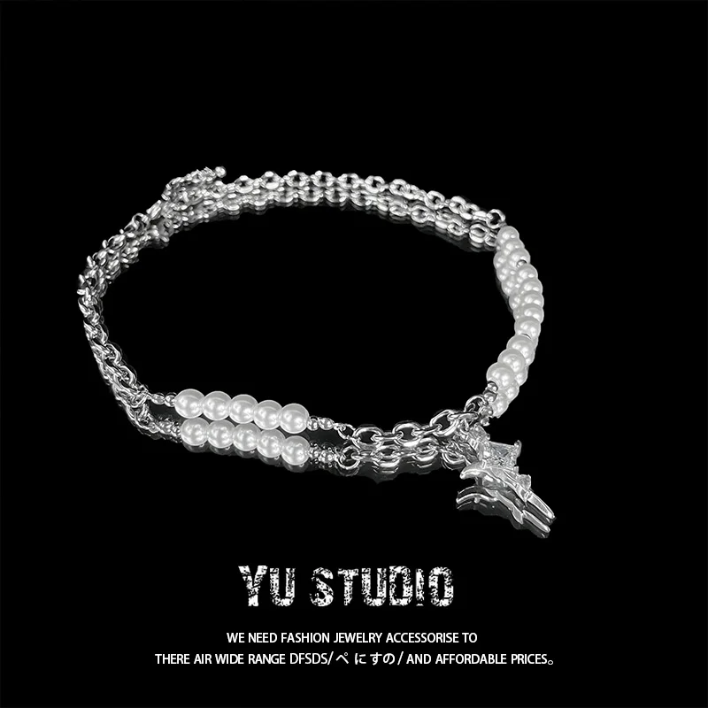 Yustudio Light Роскошное жемчужное титановое стальное ожерелье с крестом мужское