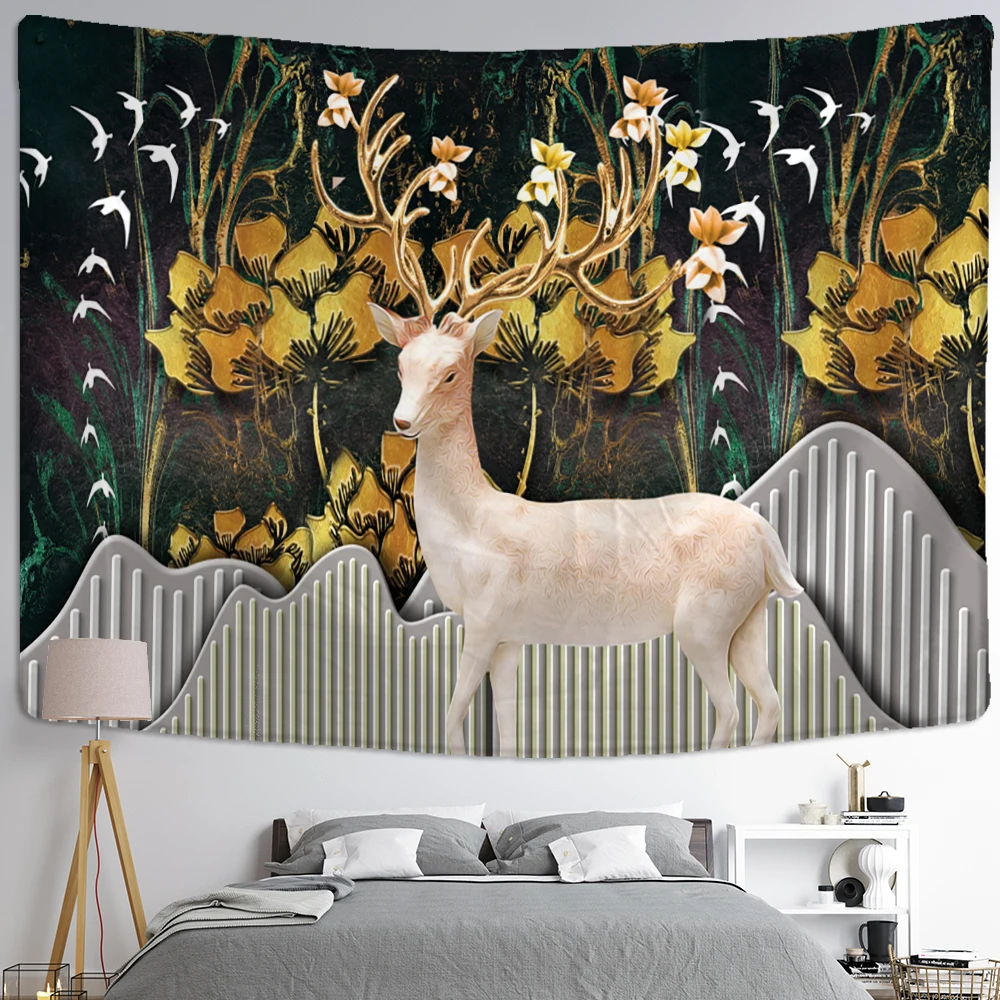 

Скандинавский гобелен с лесными оленями, настенное украшение, фантастическое звездное небо, хиппи, богемный, психоделический таинственный Декор для дома