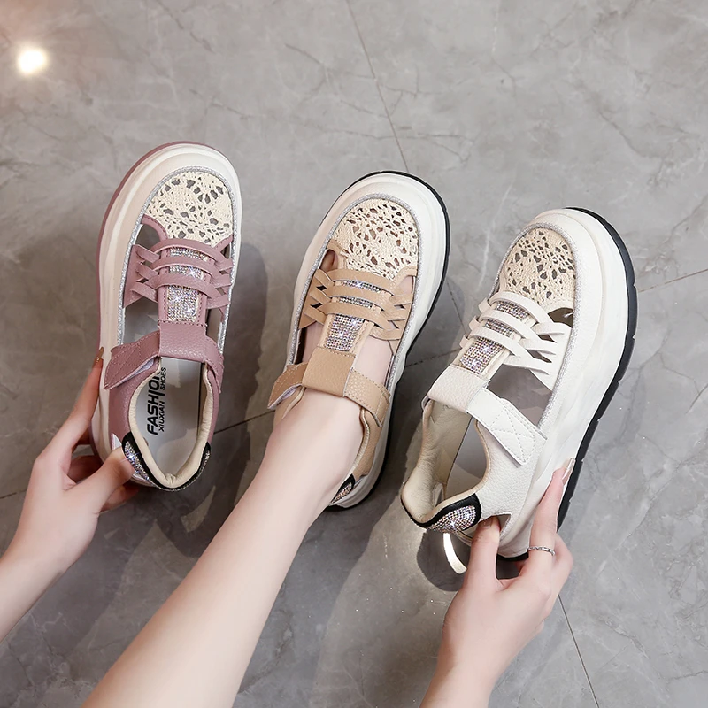 2023 Suede Platform Wedge Comfort Fashion Lace Breathable Sandals Women's Thick Sports Shoes Summer Hollow Casual Shoes