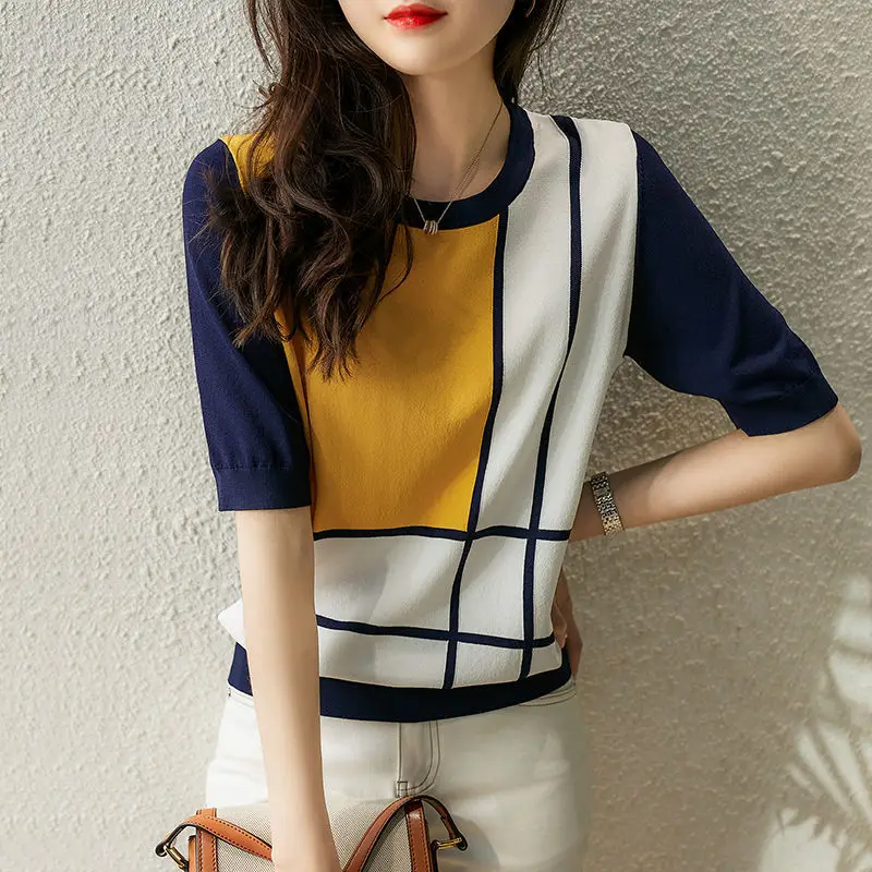 

Short Sleeve T-shirt Women's 2022 New Summer Thin Design Color Blocking Loose Knit Short Top