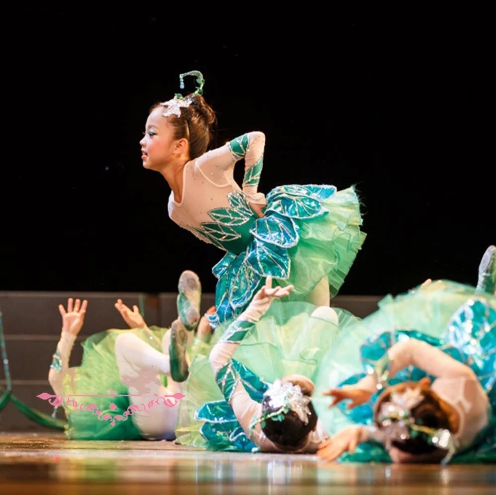 Детская одежда для бальной комнаты с зелеными листьями платье-пачка современных