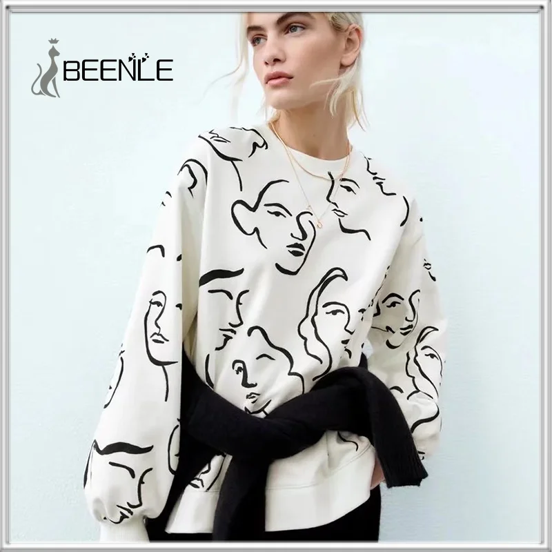

BEENLE 2021 Winter Women's Casual Printed White Sweater All-match Sweatshirt Oversized Long-Sleeve Pullover
