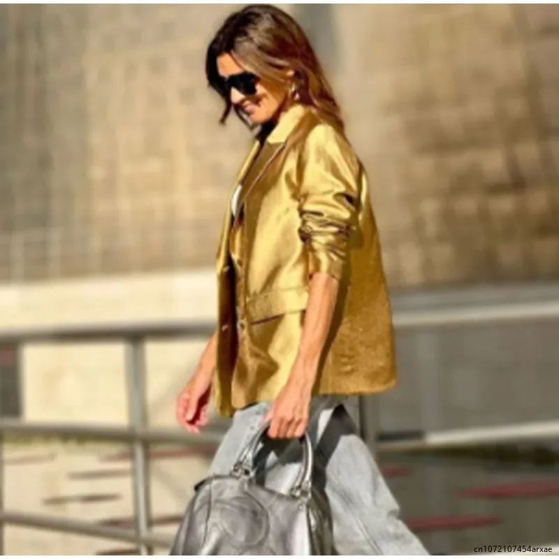 Женский Однобортный блейзер с длинным рукавом элегантное золотистое пальто