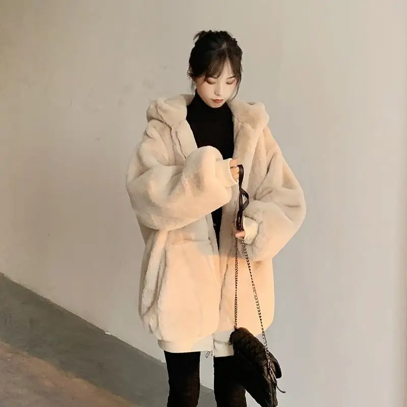 

Plush jacket women winter imitation Rex rabbit fur grass mid-length large size loose thick hooded women jacket 2022 ins hot sale