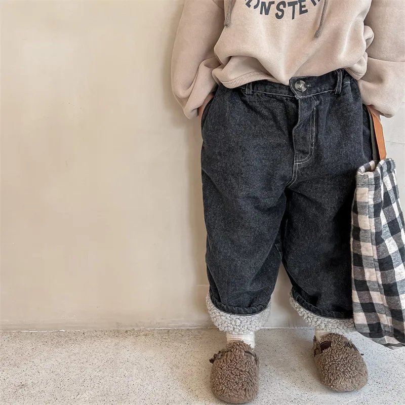 

2022 Winter New Plus Velvet Thick Children Trousers Baby Warm Casual Pants Solid Girls Denim Pants Fashion Boys Jean Pants
