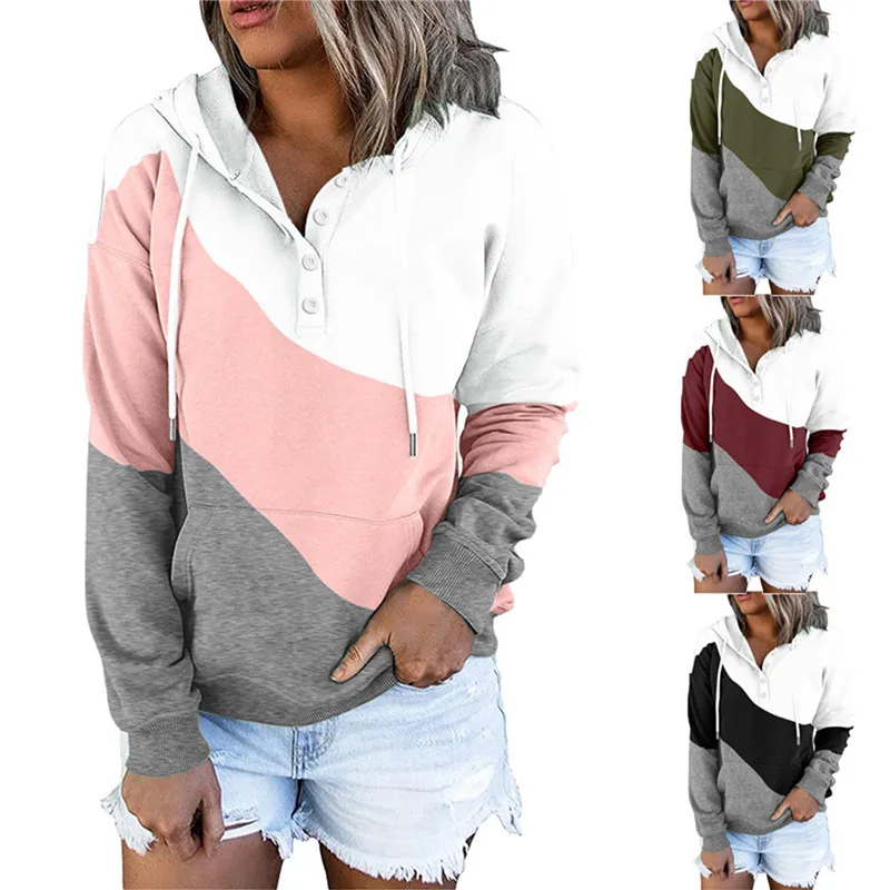 

Spring Autumn Patchwork Ladies Hoodies Fashion Casual Thicken Hooded Sweatshirt Drawstring Pocket Pullovers Top Women